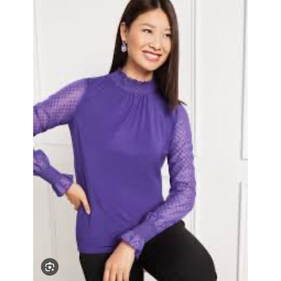 Talbots Purple WOVEN SLEEVE SMOCKED TOP Size Large Medium NWT - Picture 1 of 8